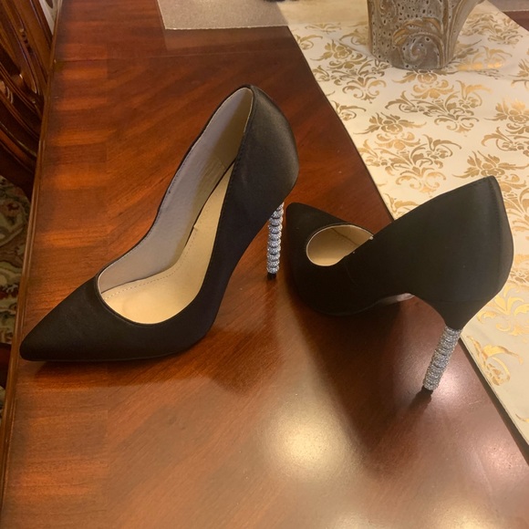JACOBIES Woman's Pump Heels “DORSA “-  Black Satin  With Christals on heels. - Picture 7 of 15